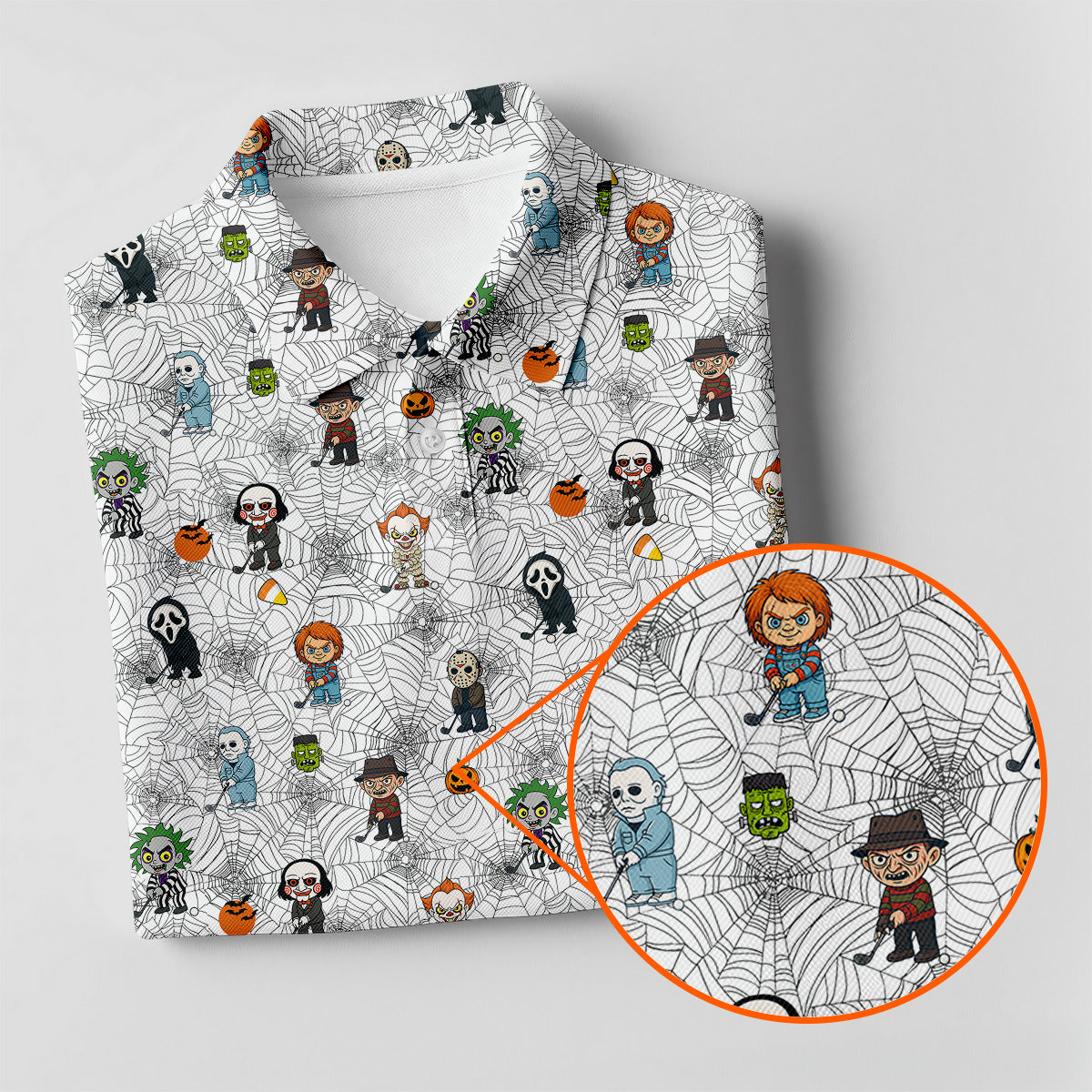 Funny Horror Character White Golf Polo Shirt, Horror Movie Shirt, Halloween Golf Shirt, Fun Golf Polos For Men