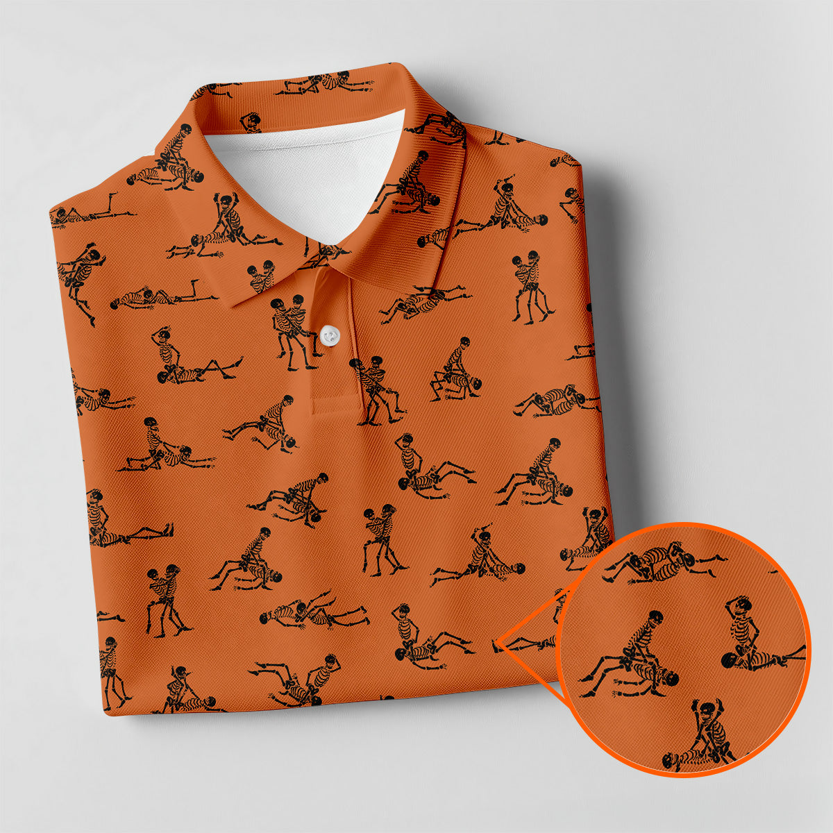 Orange And White Funny Skeleton Sex Position Golf Shirt, Halloween Gift Idea, Ladies Golf Shirts