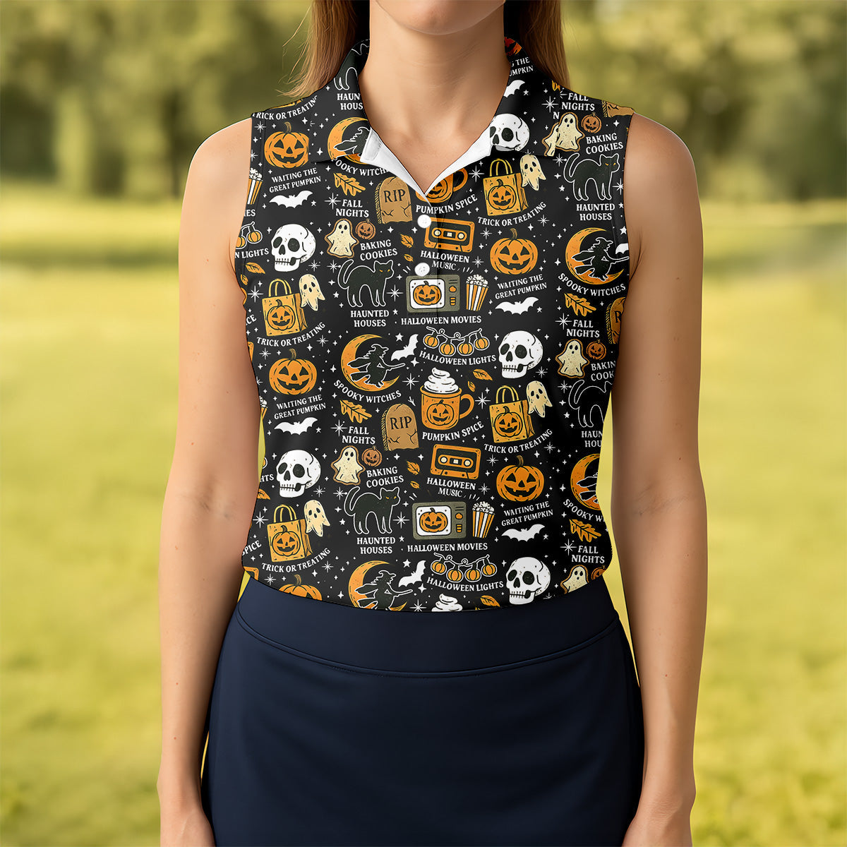 Vintage Halloween Spooky Witches Golf Polo Shirts, Halloween Theme Shirts, Ghost Pumpkin, Ladies Golf Shirts