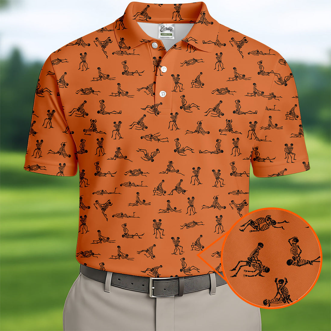 Orange Funny Skeleton Sex Position Golf Shirt, Halloween Gift Idea, Fun Golf Shirts For Men, Unique Gift For Golfer