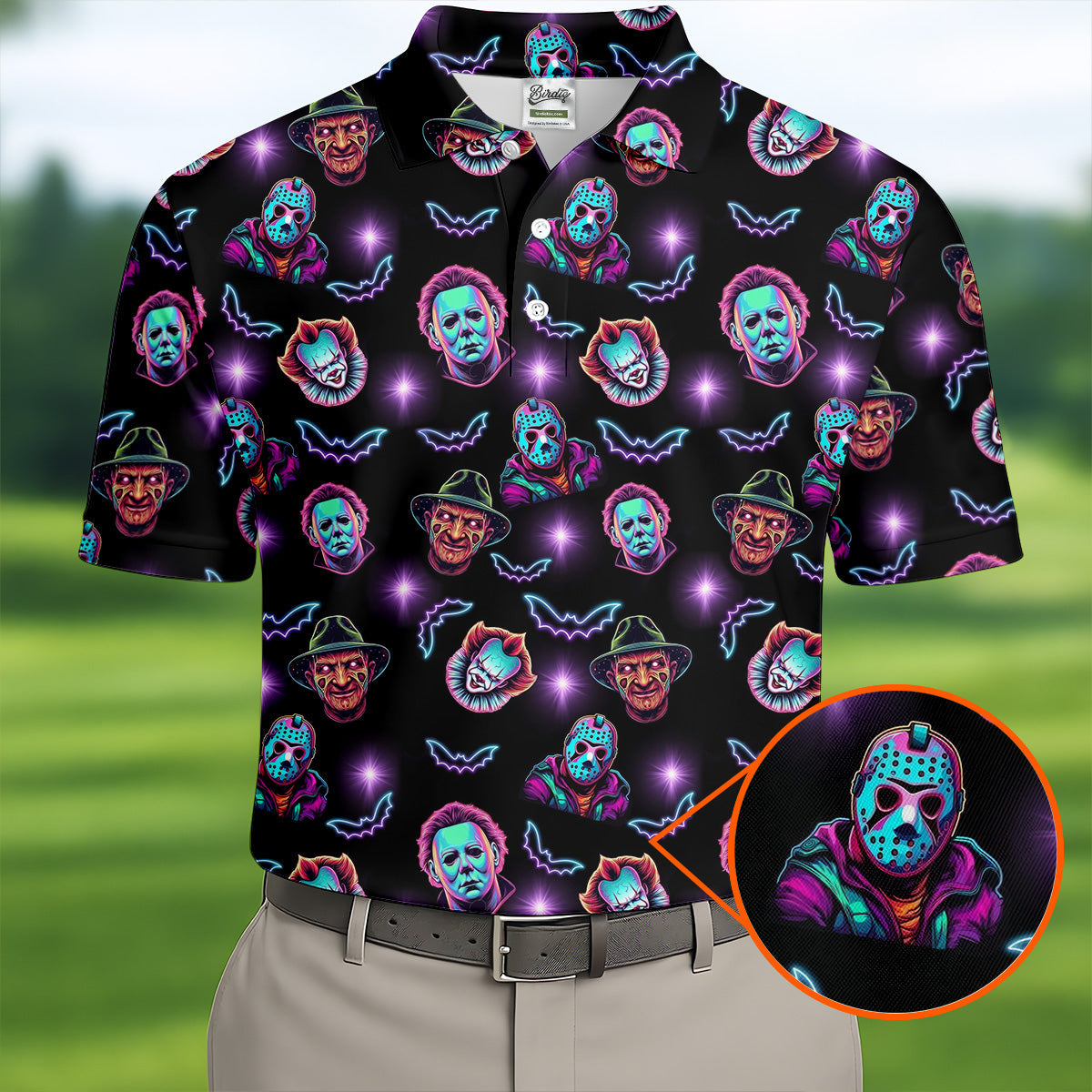 Funny Horror Movie Men's Golf Shirt, Horror Character Neon Shirt, Halloween Golf Shirt, Men Golf Gift