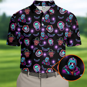 Funny Horror Movie Men's Golf Shirt, Horror Character Neon Shirt, Halloween Golf Shirt, Men Golf Gift
