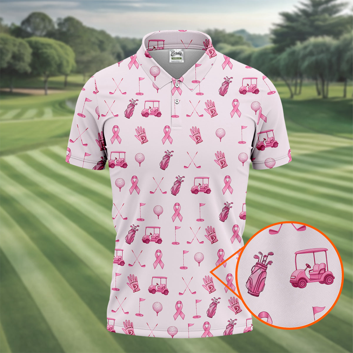 Funny Pink Ribbon Golf Pattern Men's Polo Shirt, Breast Cancer Golf Shirt, Breast Cancer Awareness Shirt