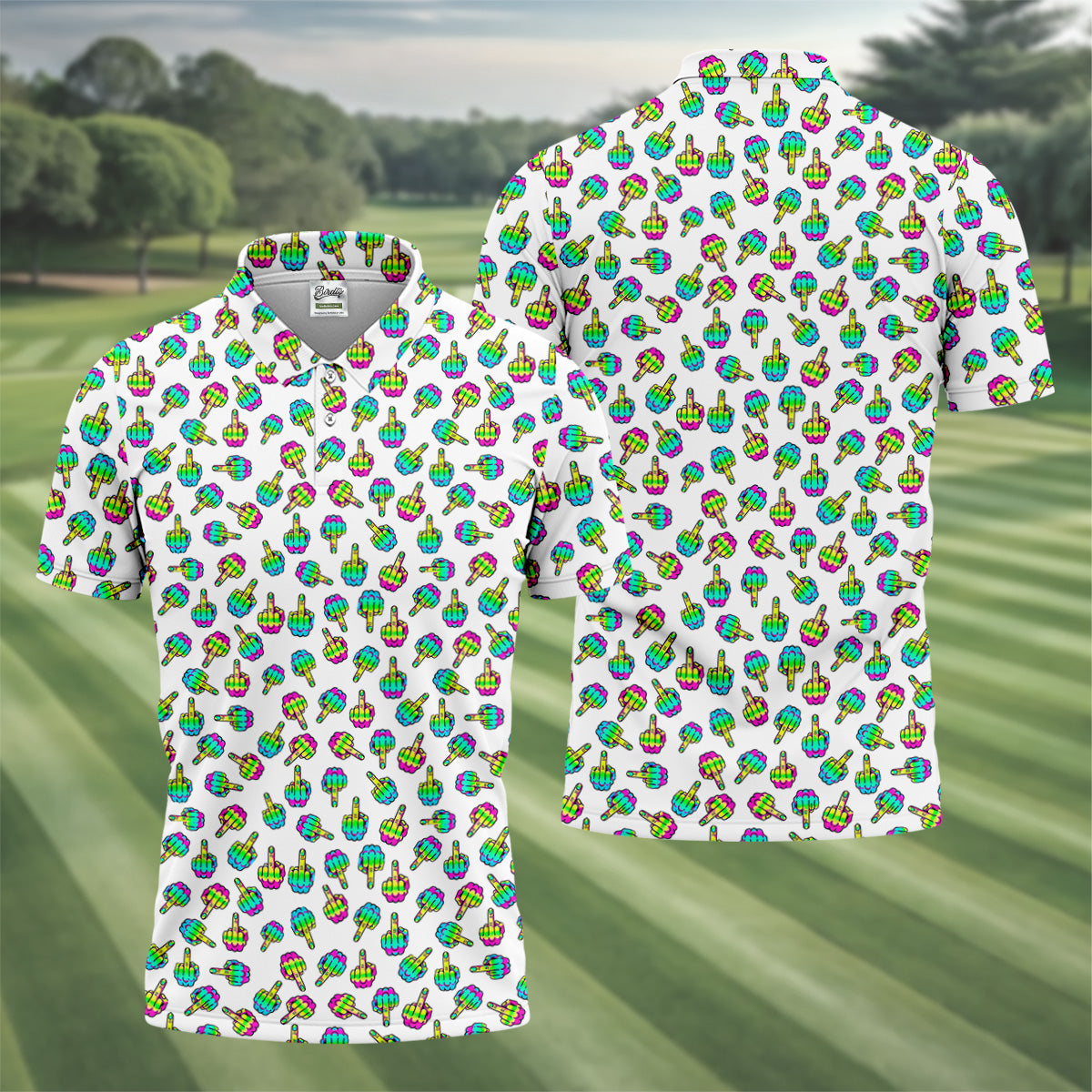 Neon Middle Finger Men Fun Golf Shirts, White Golf Polo, Cool Golf Gifts, Golfing Apparel