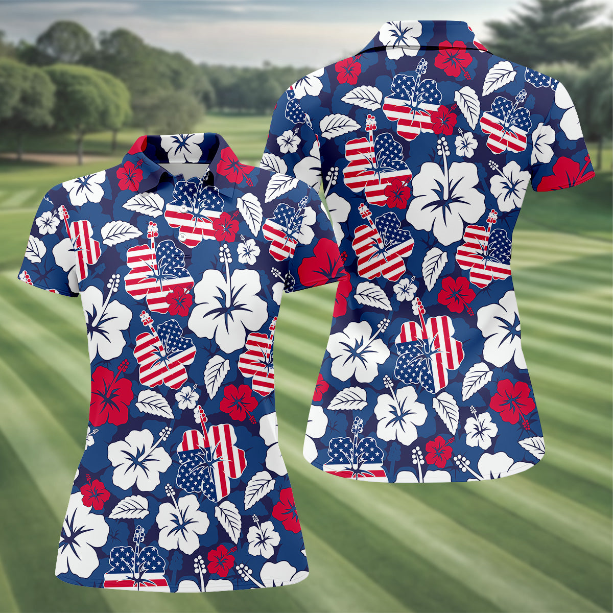 Tropical Hibiscus American Flag Womens Golf Polo Shirt, Women's 4th Of July Shirts, Custom Ladies Golf Shirt