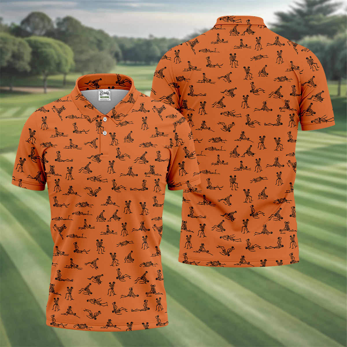 Orange And White Funny Skeleton Sex Position Golf Shirt, Halloween Gift Idea, Fun Golf Shirts For Men, Polo For Men