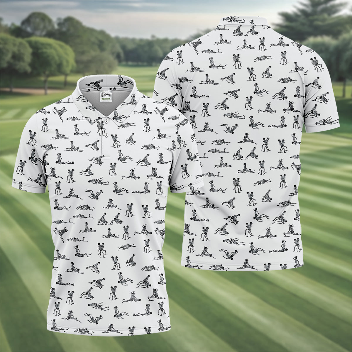 White Funny Skeleton Sex Position Golf Shirt, Halloween Gift Idea, Fun Golf Shirts For Men, Polo For Men