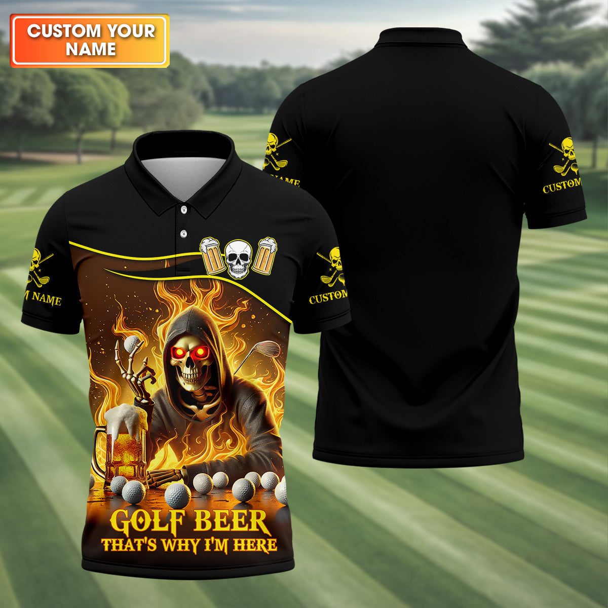 Golf Beer Custom Men's Golf Polo Shirt, Funny Skull Golf Shirt, Dad Golf Gift
