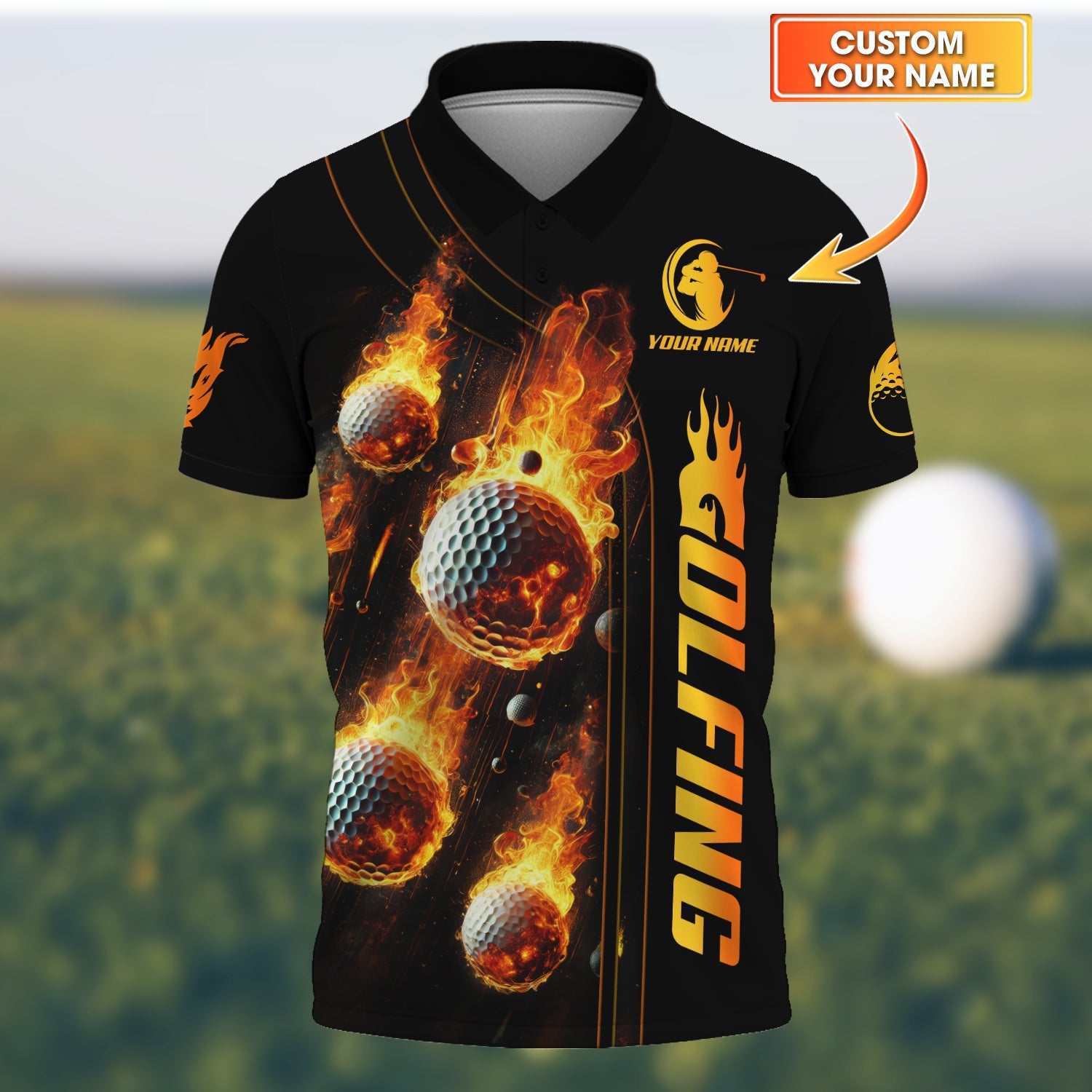 Fire Golf Ball Men's Golf Polo Shirt, Golfing Apparel, Mens Golf Gift, Gift For Golf Lovers