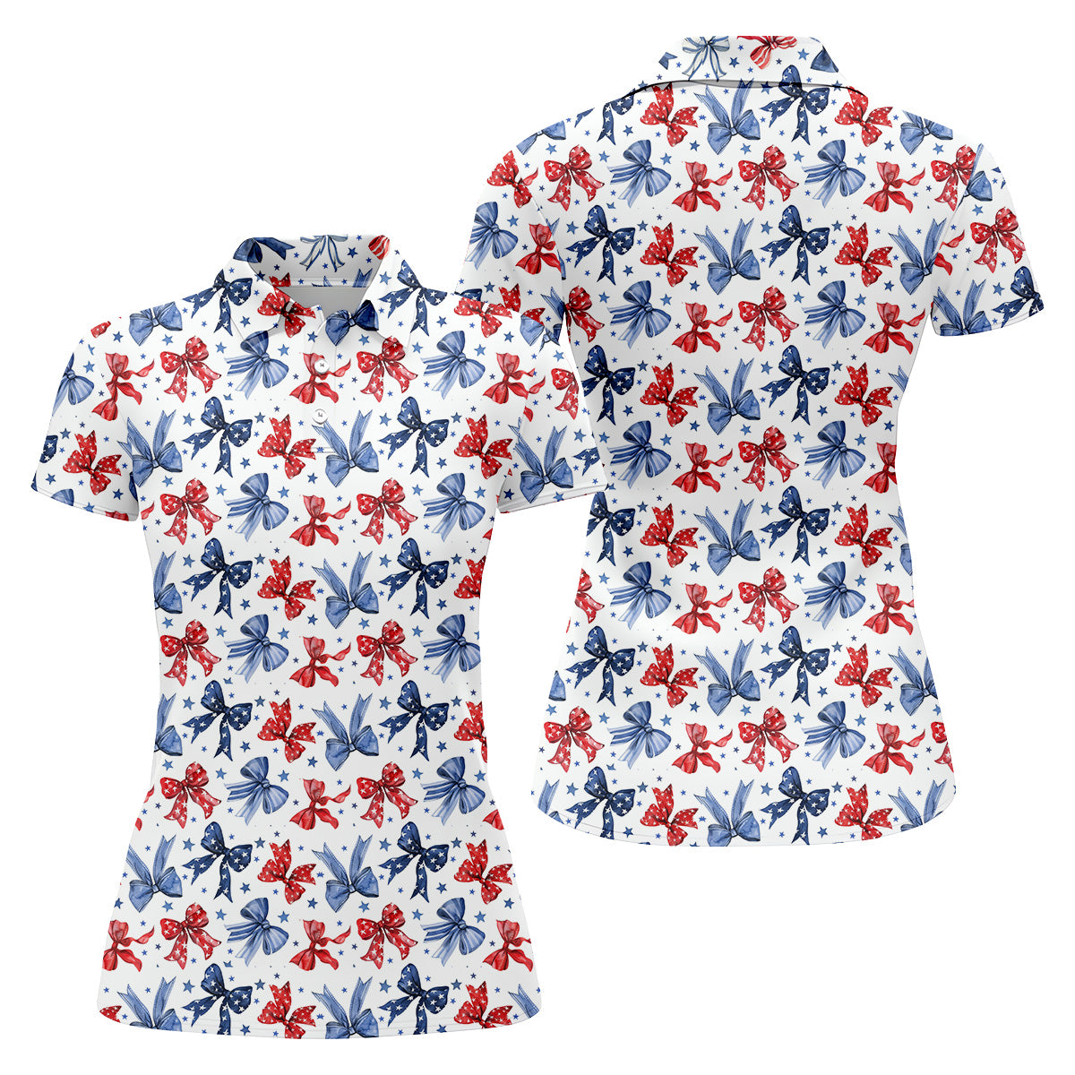 Red White & Blue Bows Shirt, Women's 4th Of July Shirts, Funny Womens Golf Polo Shirt, Custom Ladies Golf Shirt