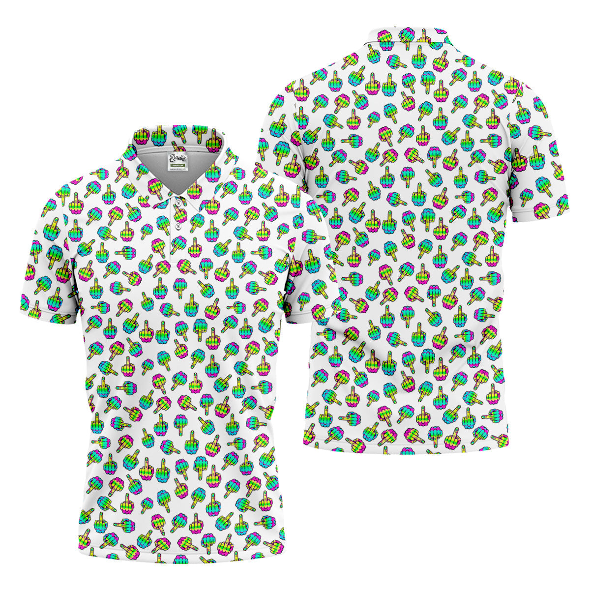 Neon Middle Finger Men Fun Golf Shirts, White Golf Polo, Cool Golf Gifts, Golfing Apparel