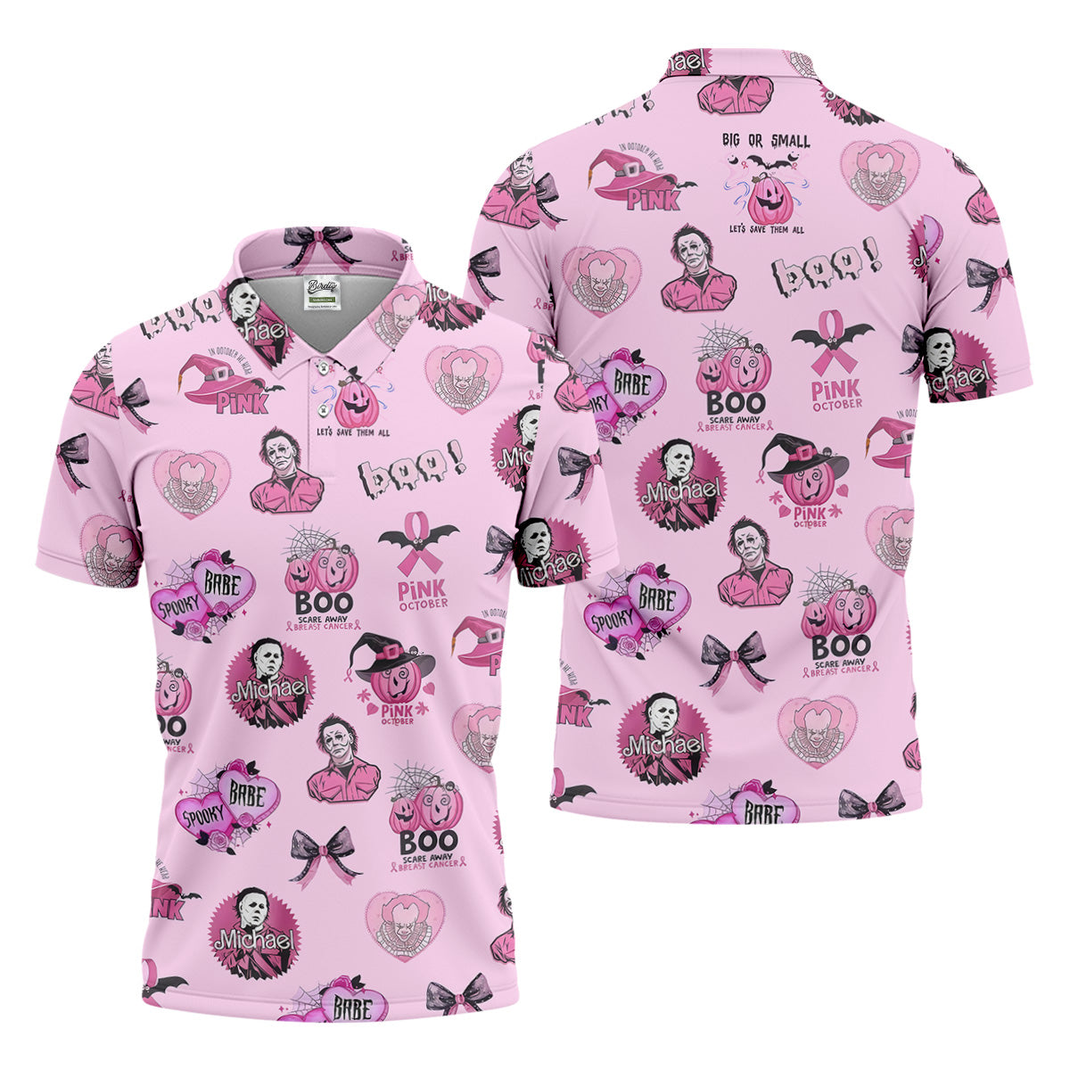 Funny Michael Horror Character Men's Golf Shirt, Pink October Shirt, Halloween Golf Shirt, Men's Golf Shirt