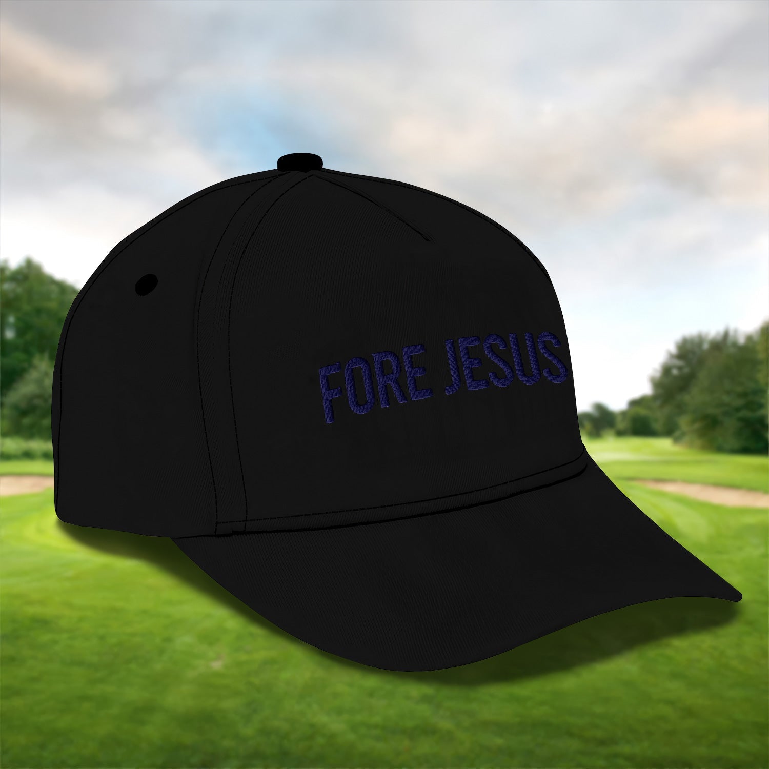 Fore Jesus Navy Embroidered Baseball Cap, Funny Dad Hat, Christmas Golf Gift