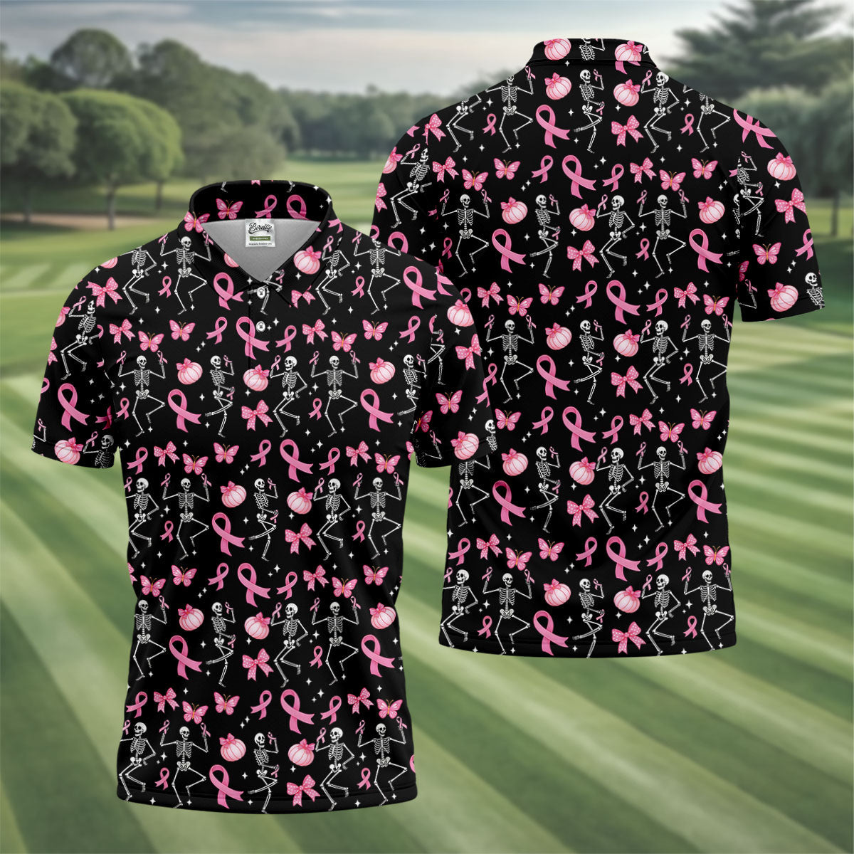 Funny Skeleton Breast Cancer Men's Golf Shirt, Breast Cancer Awareness Shirt, Golf Gift For Men