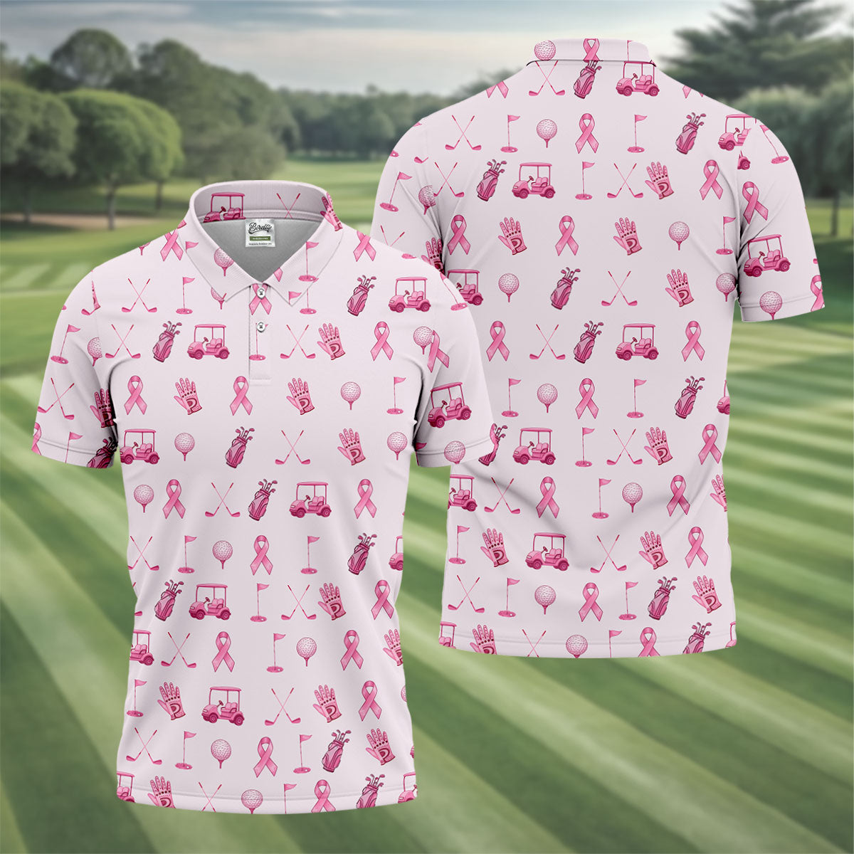 Funny Pink Ribbon Golf Pattern Men's Polo Shirt, Breast Cancer Golf Shirt, Breast Cancer Awareness Shirt