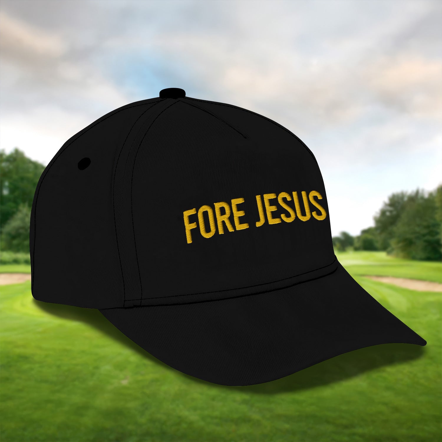 Fore Jesus Yellow Embroidered Baseball Cap, Funny Dad Hat, Christmas Golf Gift