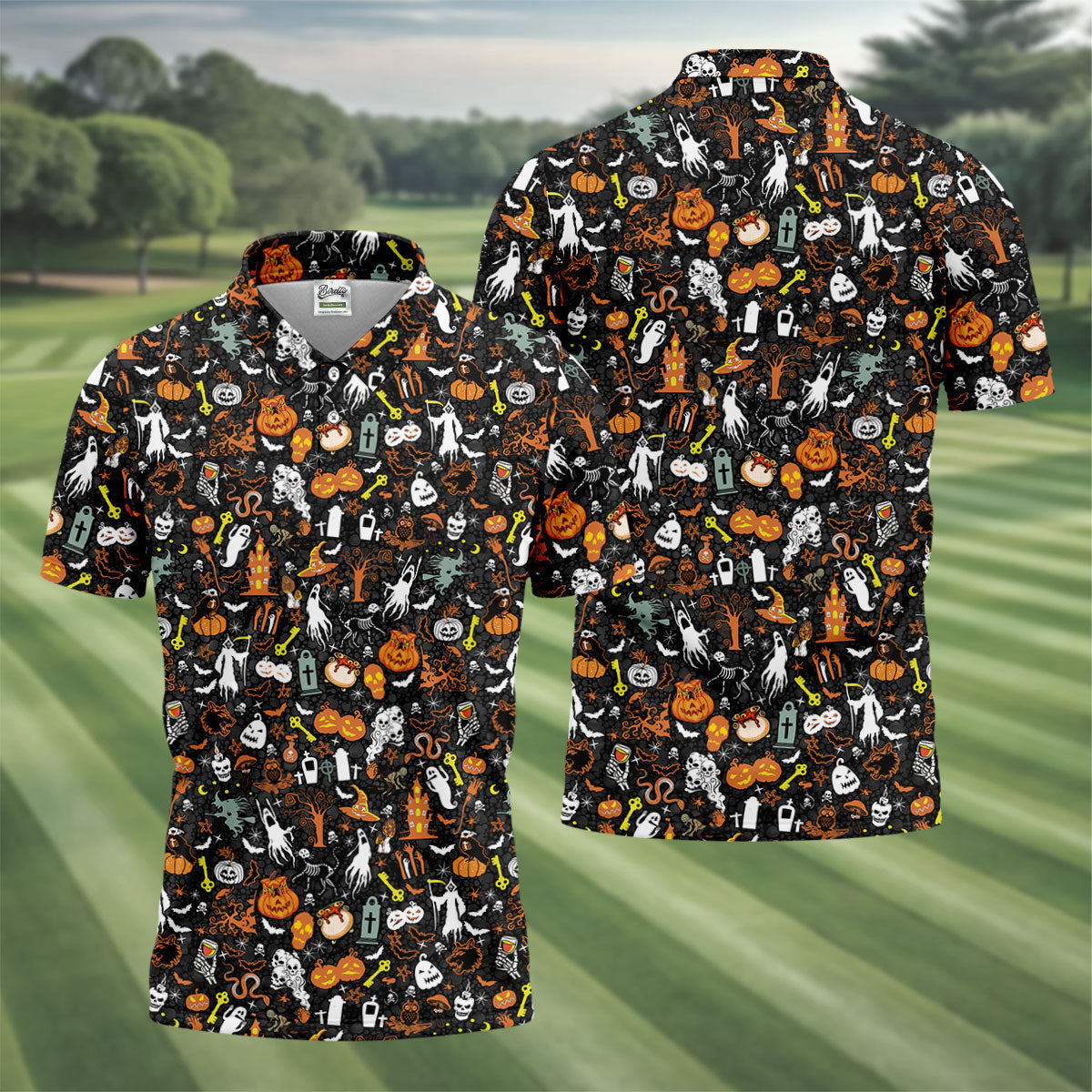 Trick or Treat Spooky Ghost Pumpkin Men's Golf Shirt, Halloween Golf Shirt, Fun Golf Shirts For Mens