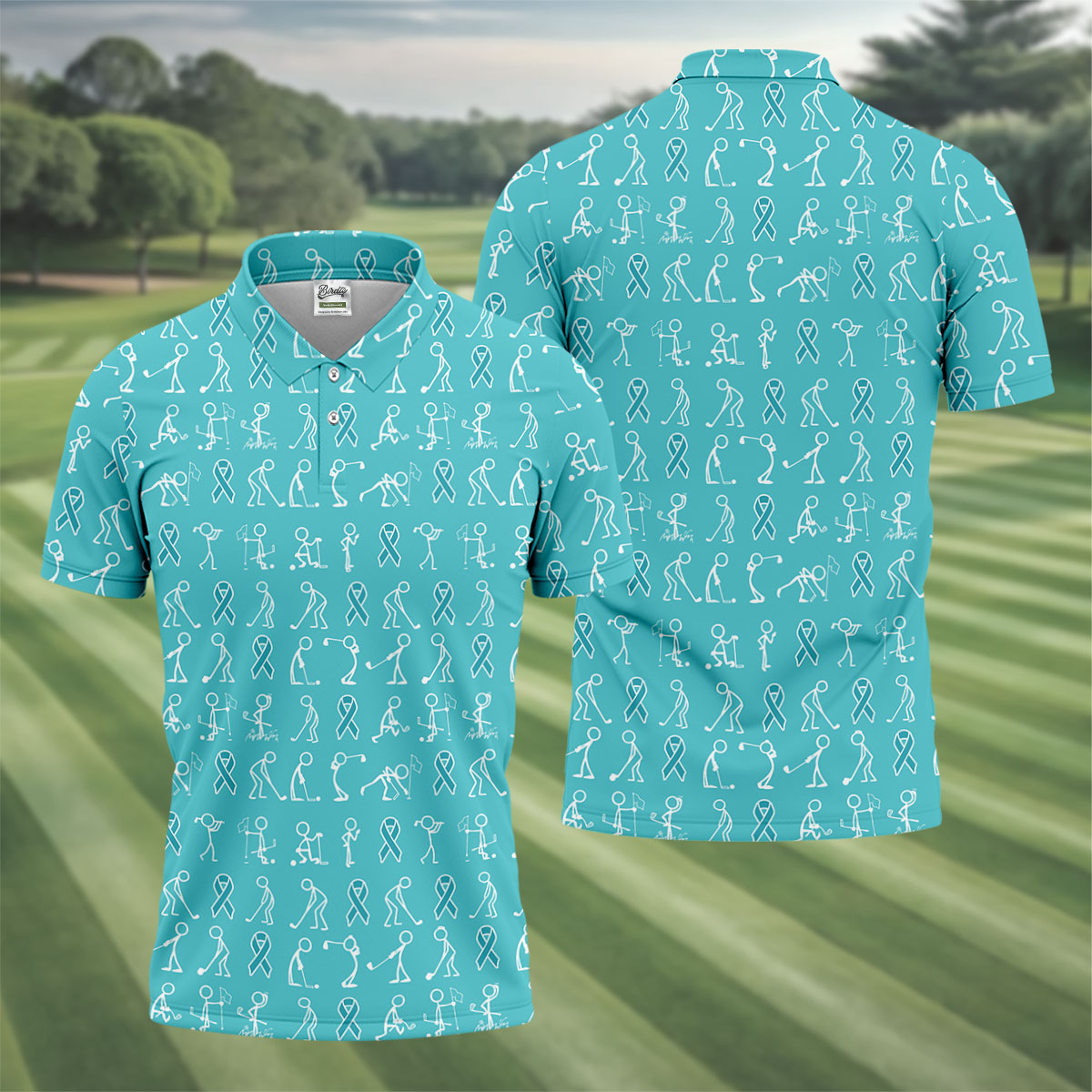 Funny Stick Figure Men's Golf Shirt, Ovarian Cancer Awareness Shirt, Ovarian Cancer Support Shirt, Men Golf Gift
