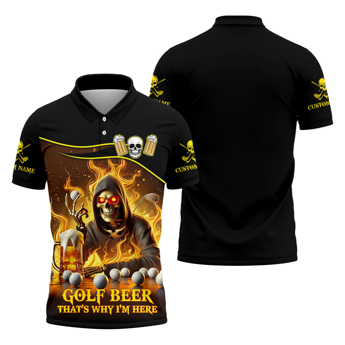 Golf Beer Custom Men's Golf Polo Shirt, Funny Skull Golf Shirt, Dad Golf Gift