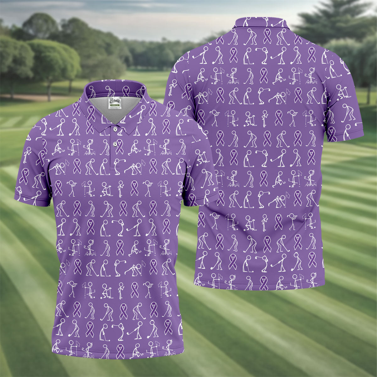 Funny Stick Figure Men's Golf Shirt, Pancreatic Cancer Awareness Shirt, Purple Golf Shirt, Golf Shirts For Men