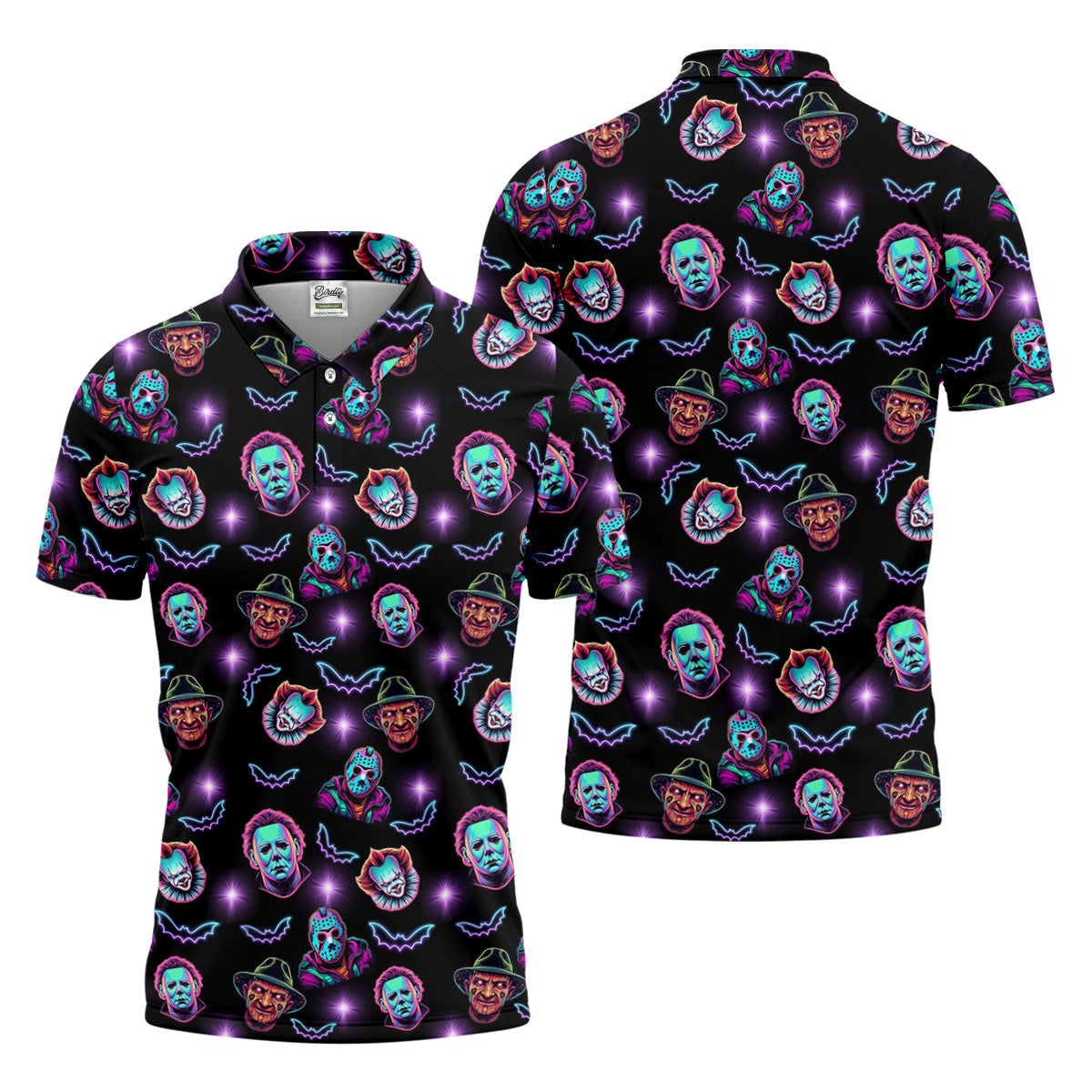 Funny Horror Movie Men's Golf Shirt, Horror Character Neon Shirt, Halloween Golf Shirt, Men Golf Gift