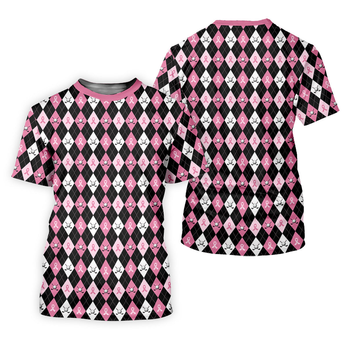 Black Pink Argyle Men's Golf Polo Shirt, Breast Cancer Golf Shirt, Golf Gift For Men, Matching Golf Shirts