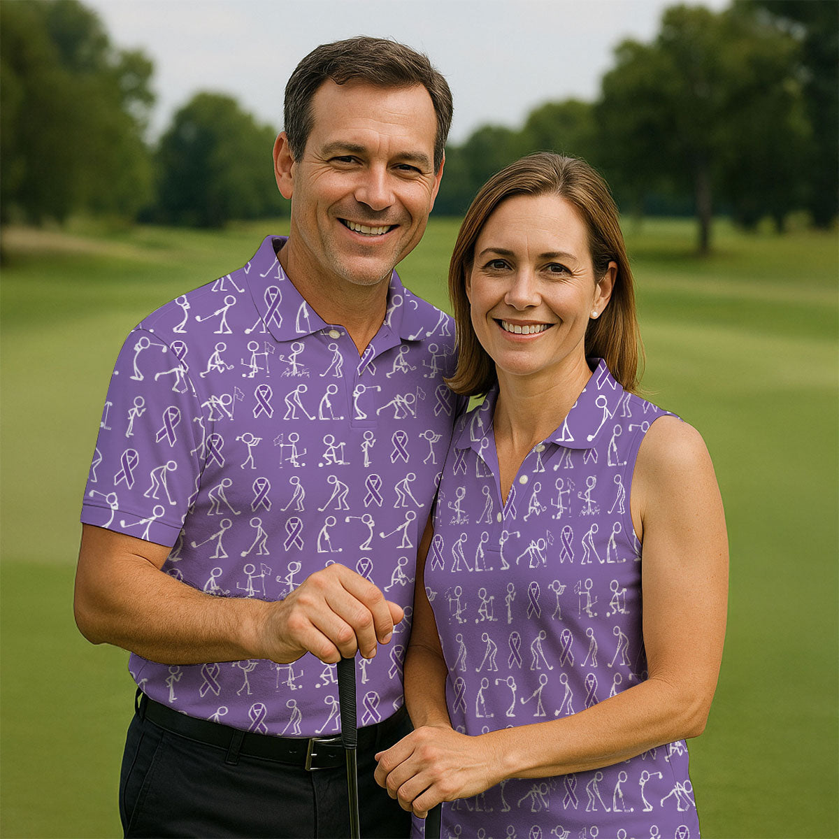 Funny Stick Figure Men's Golf Shirt, Pancreatic Cancer Awareness Shirt, Purple Golf Shirt, Golf Shirts For Men