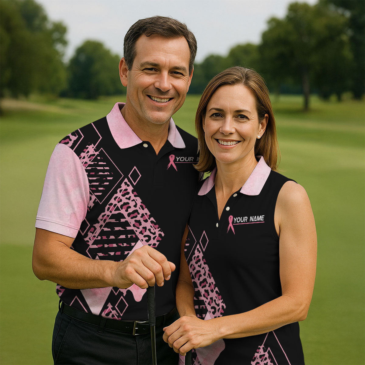 Peace Love Cure Men's Golf Shirt, Breast Cancer Awareness Shirt, Pink Leopard Golf Shirt, Golf Gift For Men