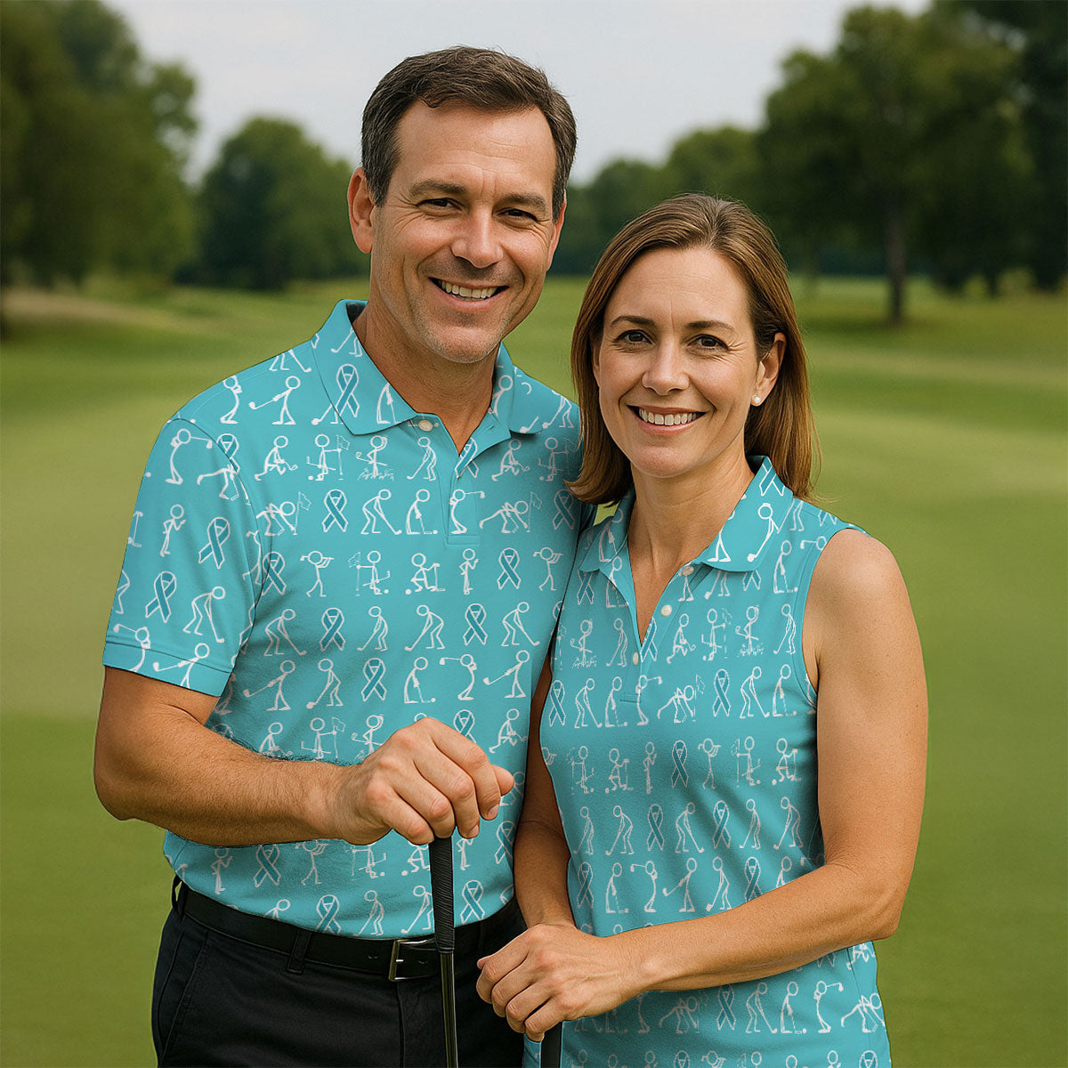 Funny Stick Figure Men's Golf Shirt, Ovarian Cancer Awareness Shirt, Ovarian Cancer Support Shirt, Men Golf Gift