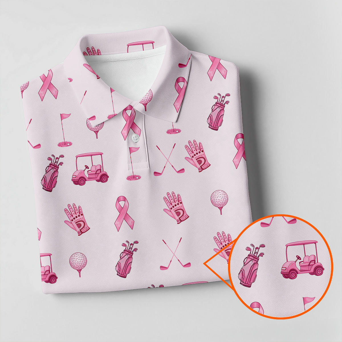 Funny Pink Ribbon Golf Pattern Men's Polo Shirt, Breast Cancer Golf Shirt, Breast Cancer Awareness Shirt