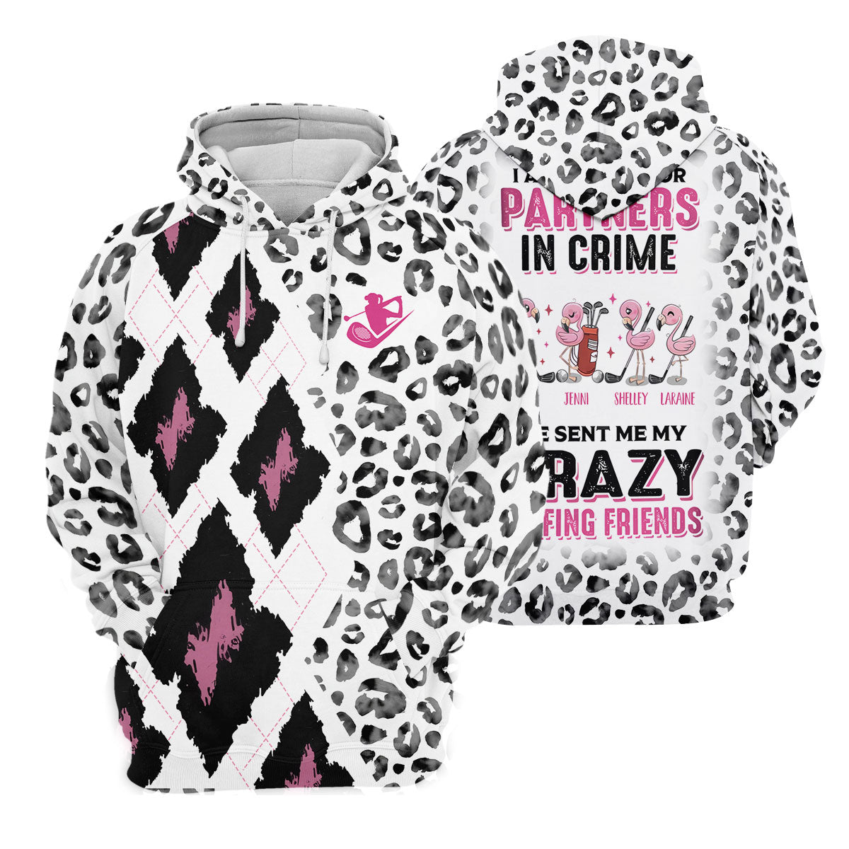 I Asked God For Partners In Crime He Sent Me My Crazy Golfing Friends Leopard Print Golf Shirt, Fun Womens Golf Shirts