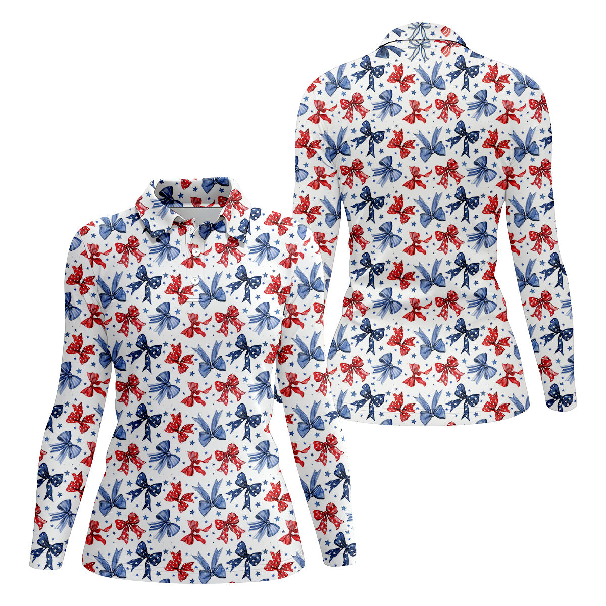 Red White & Blue Bows Shirt, Women's 4th Of July Shirts, Funny Womens Golf Polo Shirt, Custom Ladies Golf Shirt