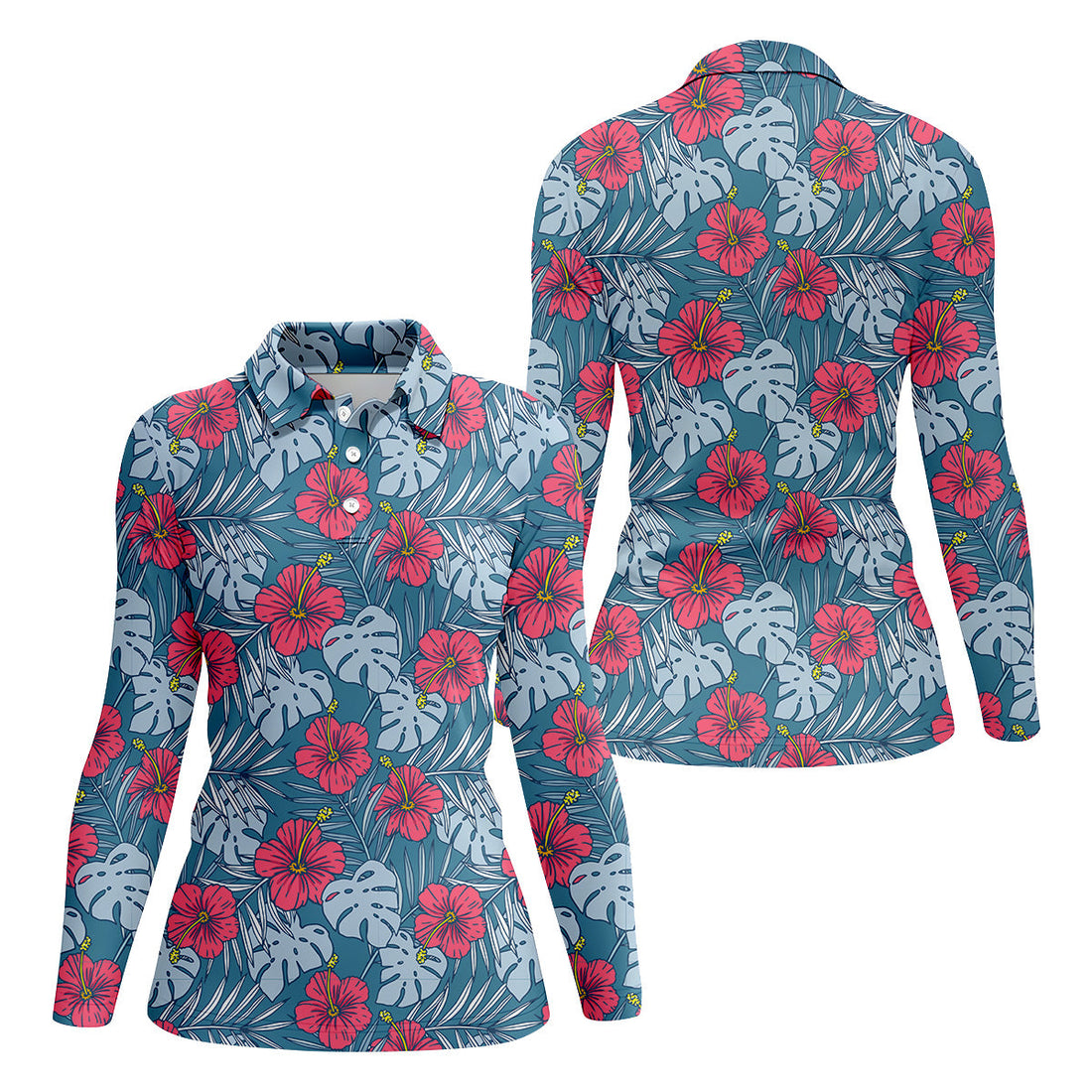 Hibiscus Flower And Leaf Patterned Golf Shirts, Womens Golf Polo Shirts, Tropical Golf Shirts