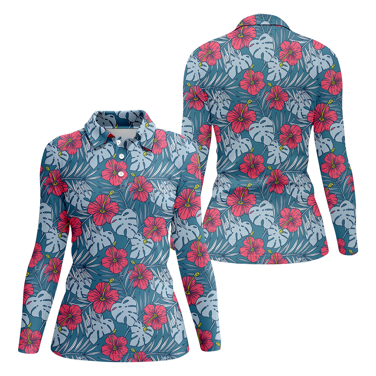 Hibiscus Flower And Leaf Patterned Golf Shirts, Womens Golf Polo Shirts, Tropical Golf Shirts