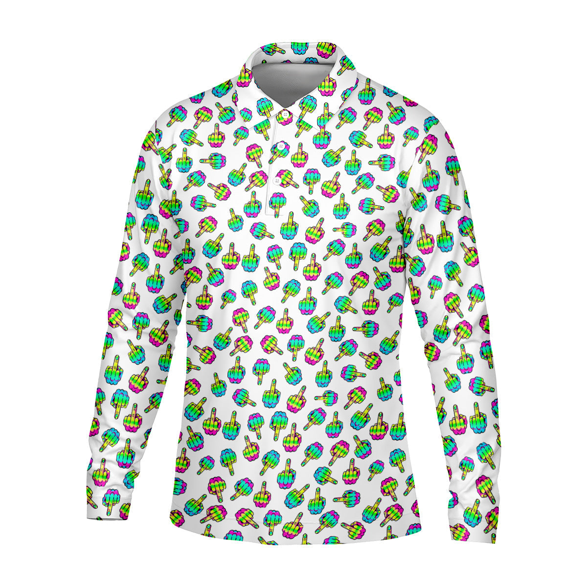 Neon Middle Finger Men Fun Golf Shirts, White Golf Polo, Cool Golf Gifts, Golfing Apparel