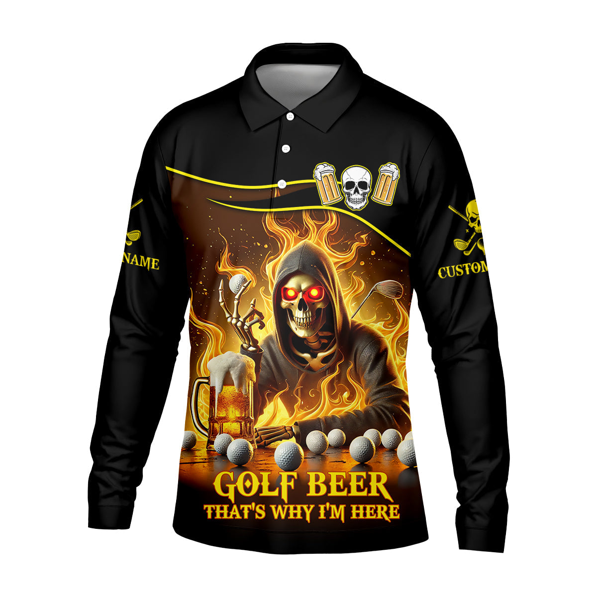 Golf Beer Custom Men's Golf Polo Shirt, Funny Skull Golf Shirt, Dad Golf Gift