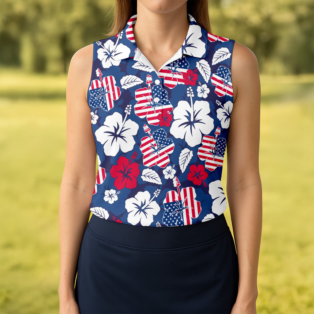 Tropical Hibiscus American Flag Womens Golf Polo Shirt, Women's 4th Of July Shirts, Custom Ladies Golf Shirt