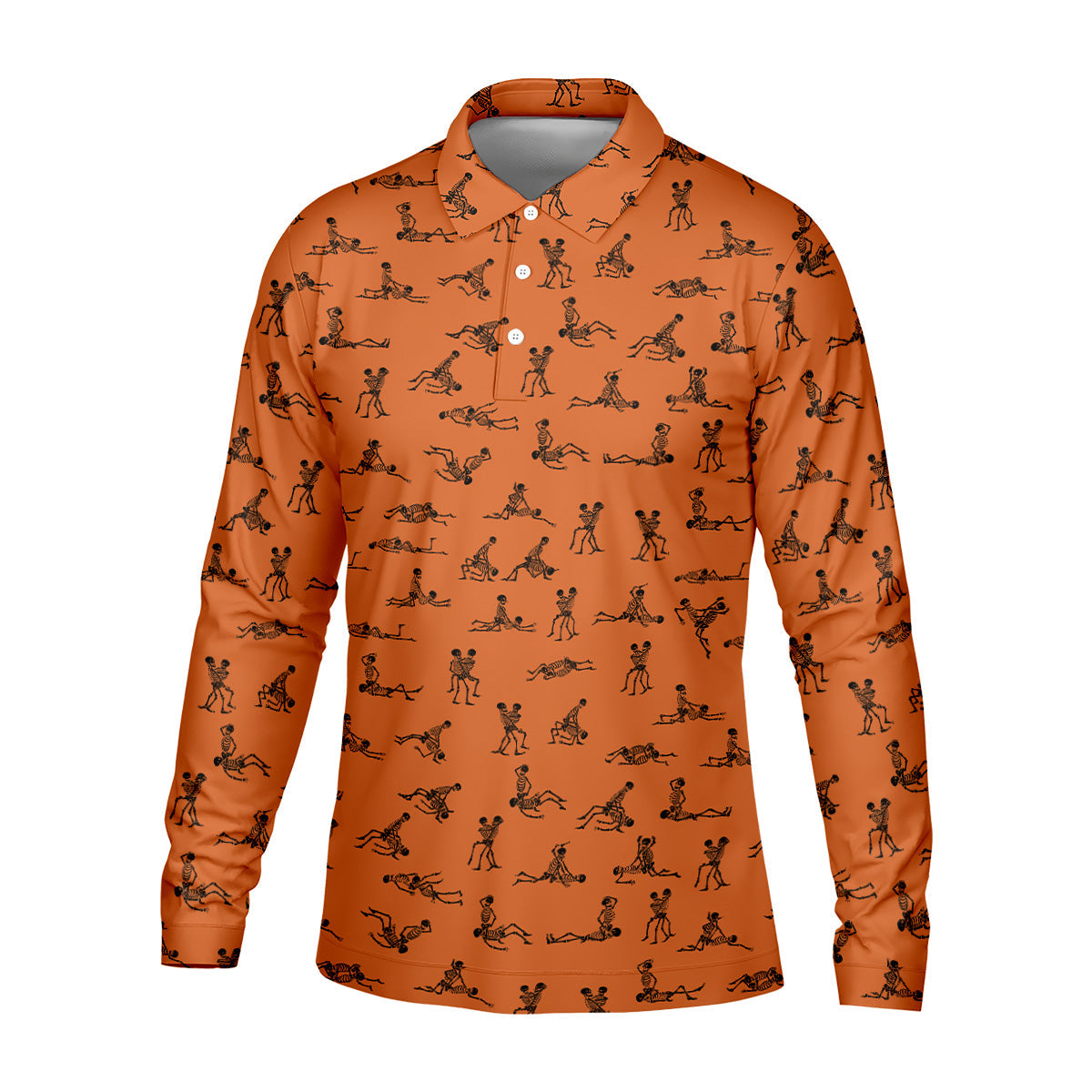Orange Funny Skeleton Sex Position Golf Shirt, Halloween Gift Idea, Fun Golf Shirts For Men, Unique Gift For Golfer