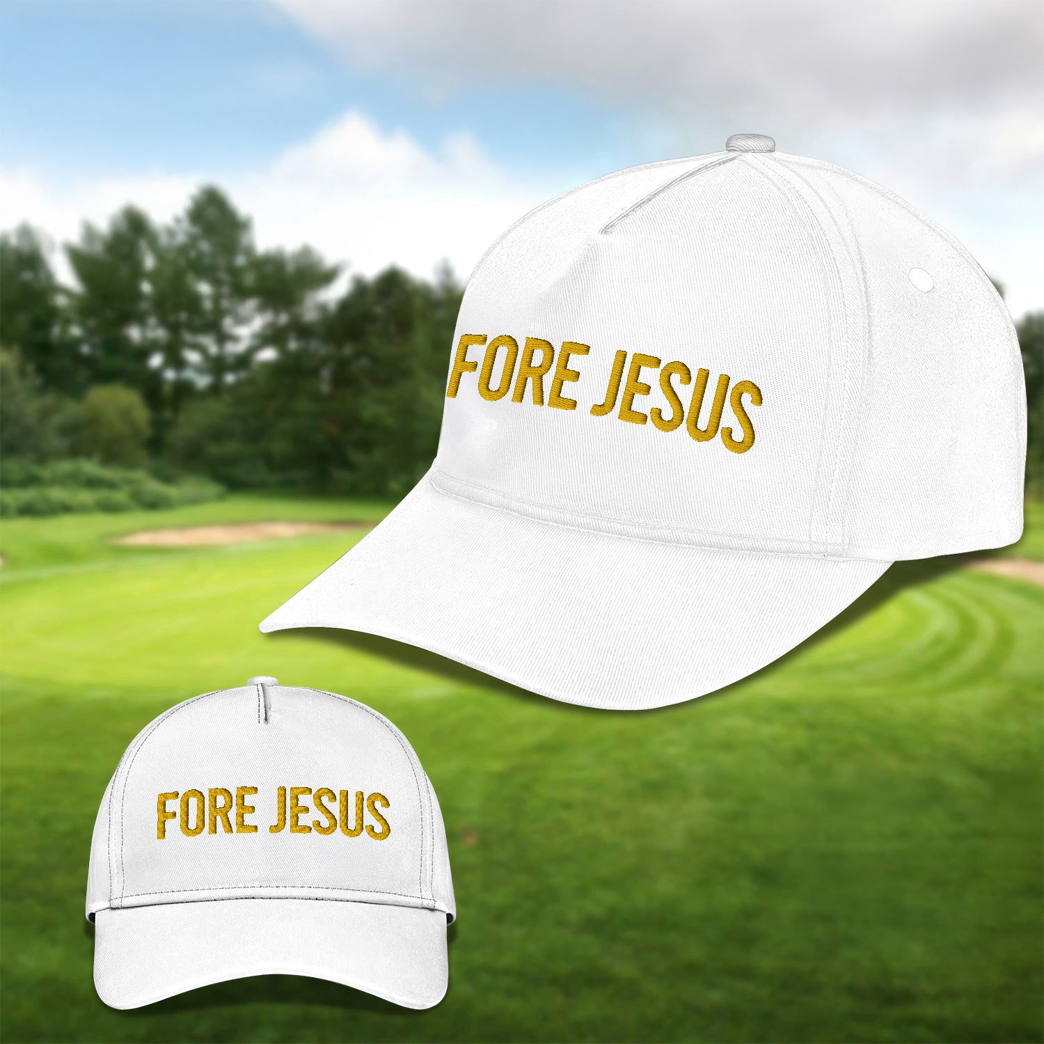Fore Jesus Yellow Embroidered Baseball Cap, Funny Dad Hat, Christmas Golf Gift