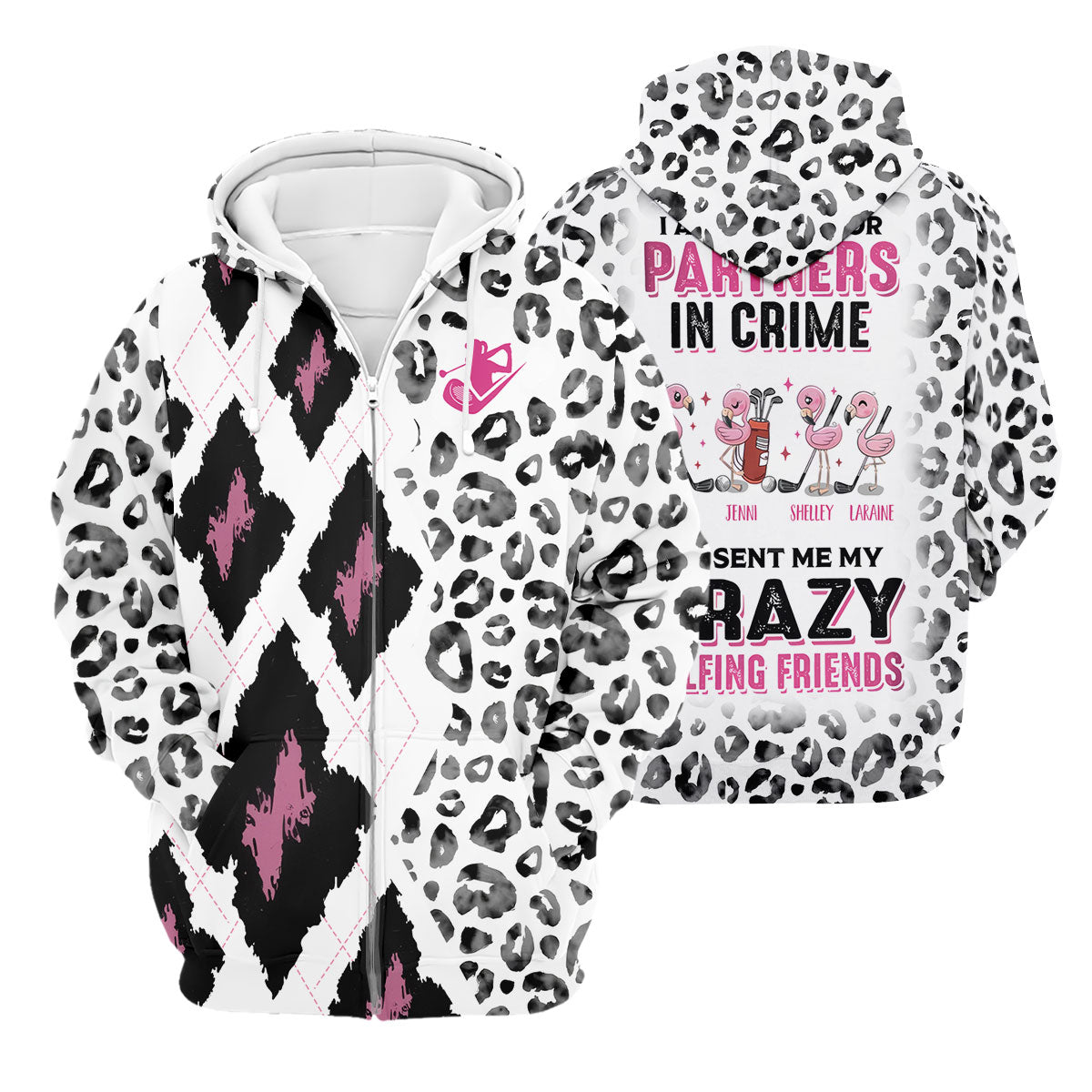 I Asked God For Partners In Crime He Sent Me My Crazy Golfing Friends Leopard Print Golf Shirt, Fun Womens Golf Shirts