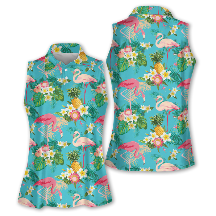 Flamingo Tropical Sleeveless Polo Shirt Womens, Women's Hawaiian Golf Shirts, Sleeveless Womens Golf Shirts