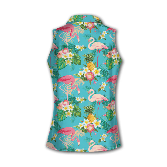 Flamingo Tropical Sleeveless Polo Shirt Womens, Women's Hawaiian Golf Shirts, Sleeveless Womens Golf Shirts
