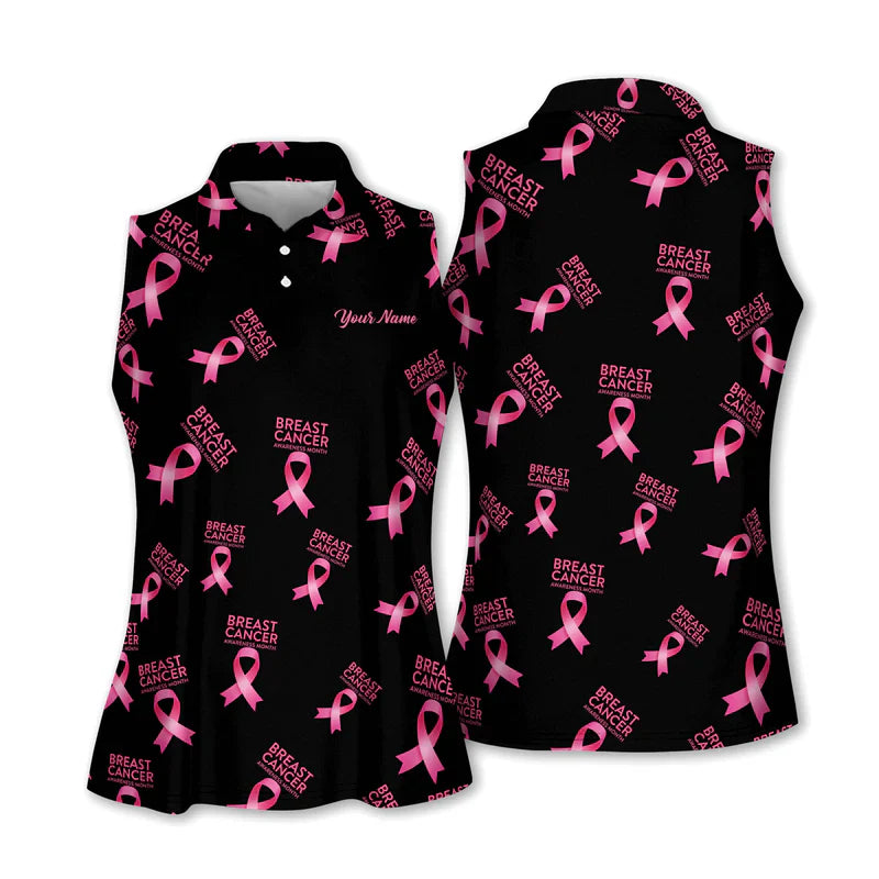 Breast Cancer Awareness Pink Ribbon Womens Sleeveless Golf Shirts, Custom Breast Cancer Golf Shirt, Ladies Golf Polos