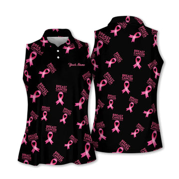 Breast Cancer Awareness Pink Ribbon Womens Sleeveless Golf Shirts, Custom Breast Cancer Golf Shirt, Ladies Golf Polos