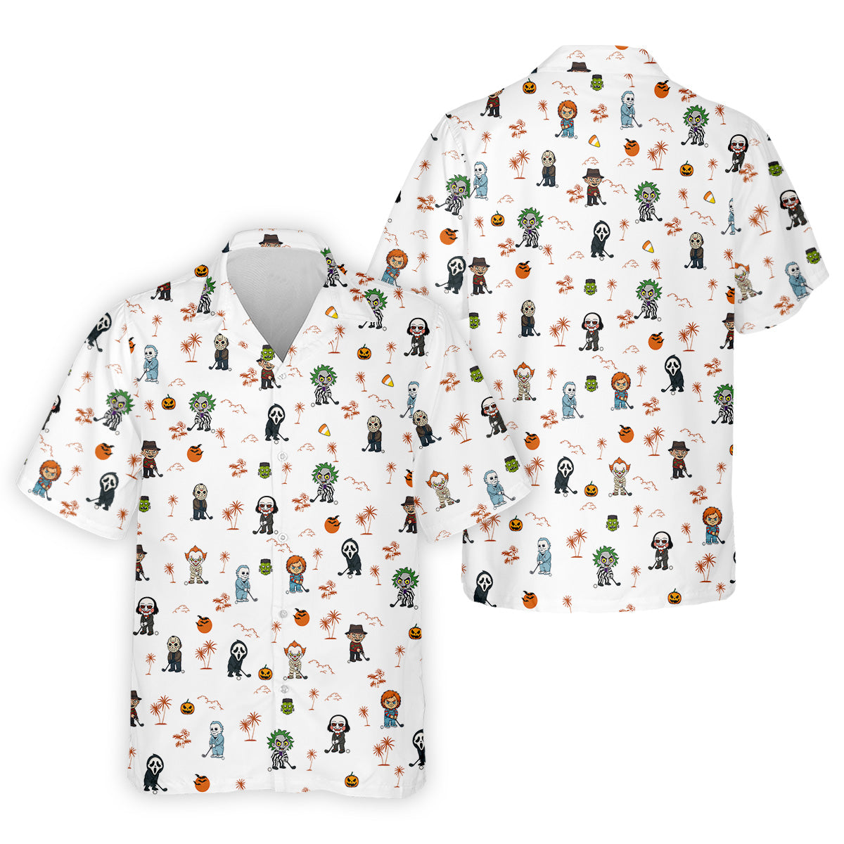 Horror Halloween Character Tropical Golf Shirt, Halloween Polo Shirts, Mens White Polo, Golfing Apparel