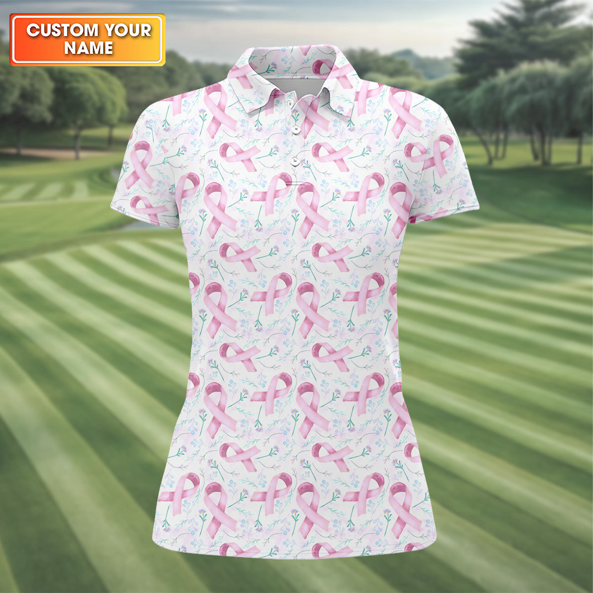Pink Floral Breast Cancer Golf Shirt, Women's Long Sleeve Golf Shirts, Ladies Golf Shirts