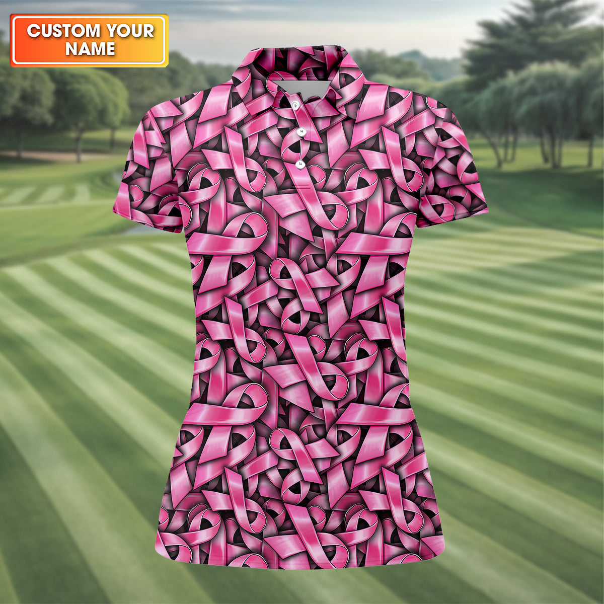 Pink And Black Breast Cancer Golf Shirt, Women's Long Sleeve Golf Shirts, Ladies Golf Tops, Ladies Golf Polos