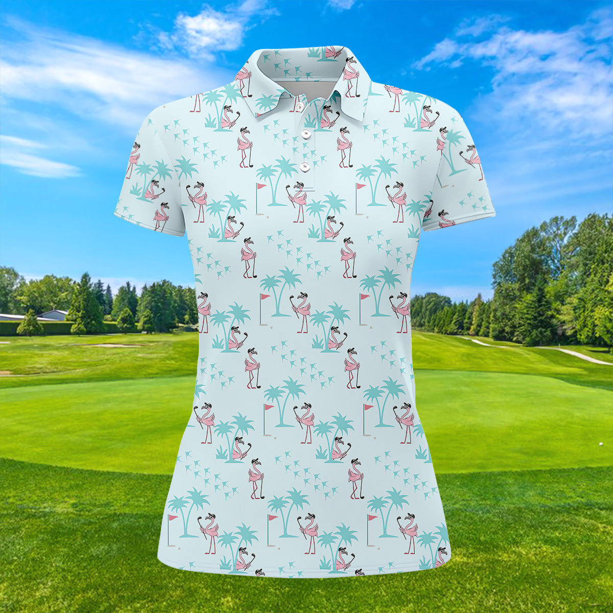 Tropical Flamingo Blue Golf Shirt, Women Golf Top, Ladies Golf Polos, Golfing Apparel