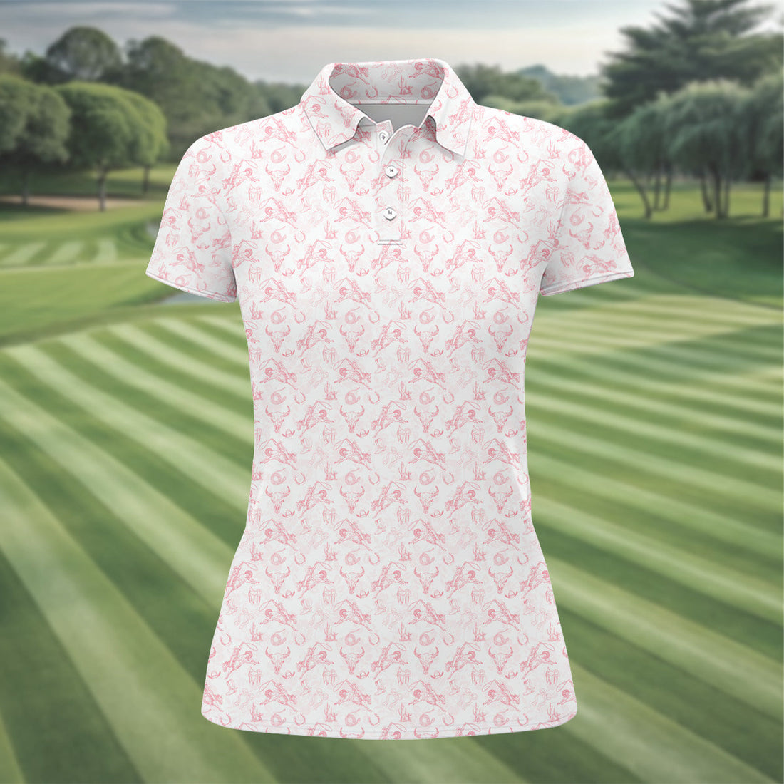 Pink Toile Chinoiserie Bow Western Golf Shirt, Cute Golf Outfit, Ladies Golf Polos, Golfing Apparel