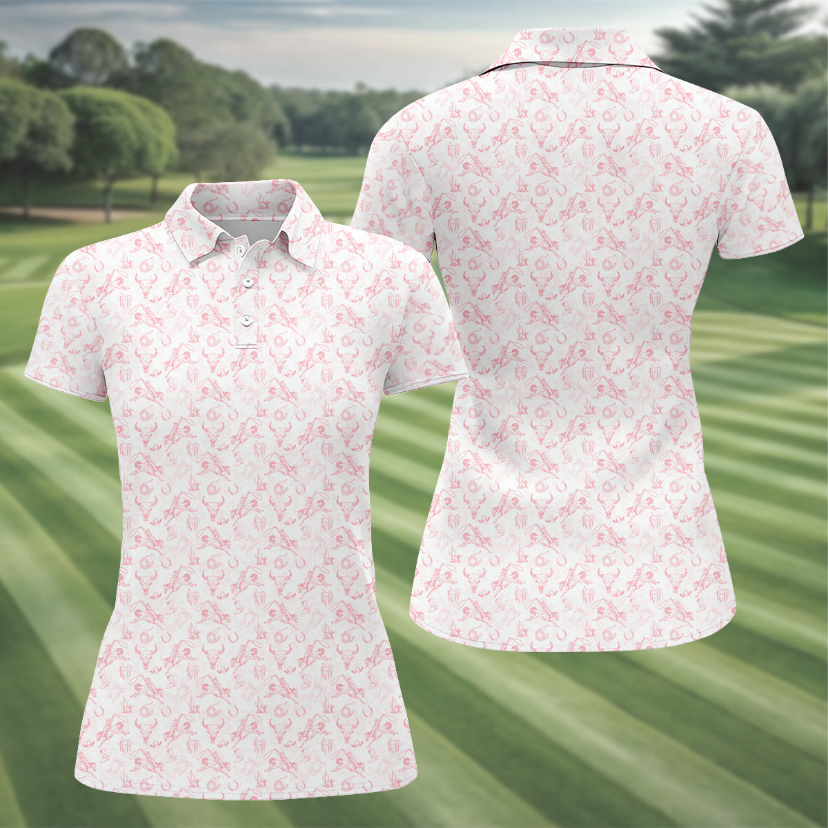 Pink Toile Chinoiserie Bow Western Golf Shirt, Cute Golf Outfit, Ladies Golf Polos, Golfing Apparel